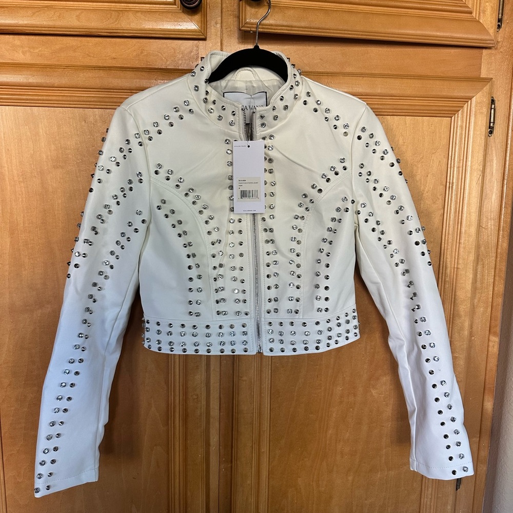 White Bomber Jacket with Silver Studs and Cropped Fit